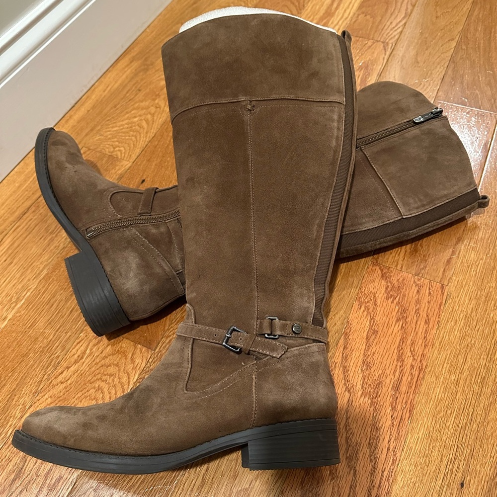 Brown Suede Knee-High Wide Calf Boots